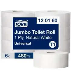 Tork Jumbo Toiletpapir Universal T1 120160, 1-lags, Ø26cm, 6 x 480m. -