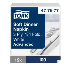 Tork Soft Middagsserviet 477577, 3-lags, Hvid, 12x100 stk. - Papir